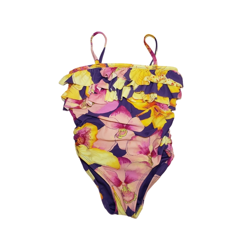 Baby Gap Size 5 Girl Watercolor Floral Ruffle One Piece Ruched Side Swimsuit
